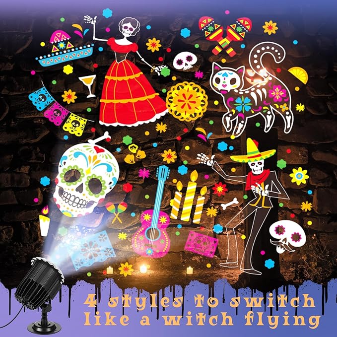 Day of The Dead Projector Lights Outdoor LED Projector Cat Skeleton on Dynamic Waterproof Outdoor