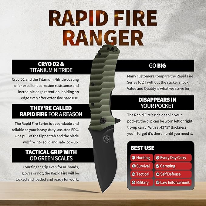 Off-Grid Knives - Rapid Fire Ranger, Camping & Hunting Knife, Cryo D2 Blade Steel with Olive Drab