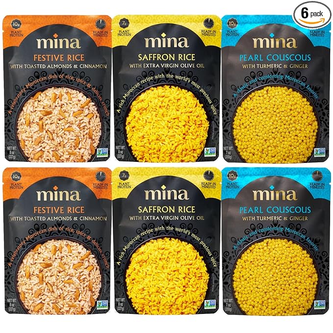 Mina Saffron Rice, Festive Rice, Pearl Couscous, Variety Pack of 6, Ready to Eat, Microwavable