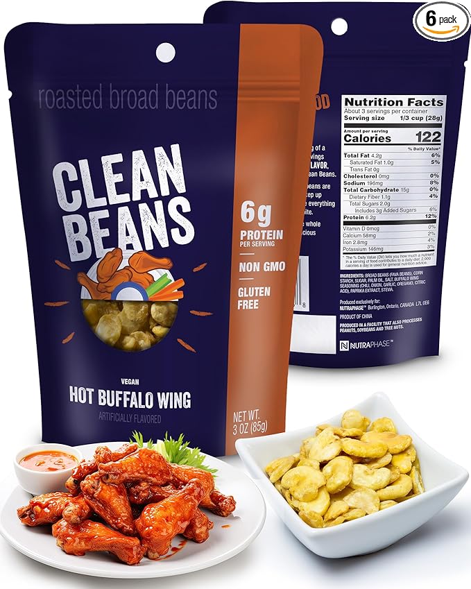 Clean Beans Broad Fava Beans Snack - Hot Buffalo Wing Flavor, 6g Protein, Low Sugar, Non-GMO