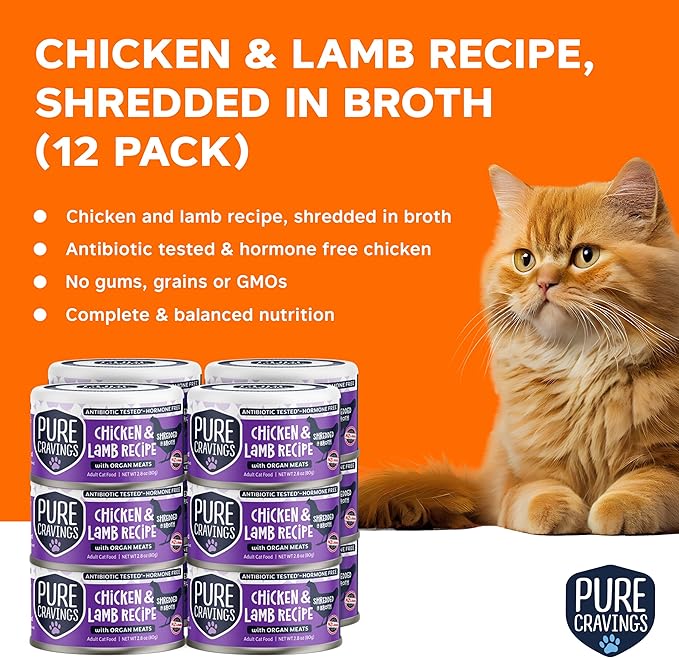 Pure Cravings Chicken and Lamb Recipe in Broth, Shredded Wet Cat Food, Grain-Free Protein, Non-GMO