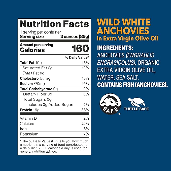 Wild Planet Wild White Anchovies in Extra Virgin Olive Oil, Tinned Fish, 4.4 Ounce, Pack of 12