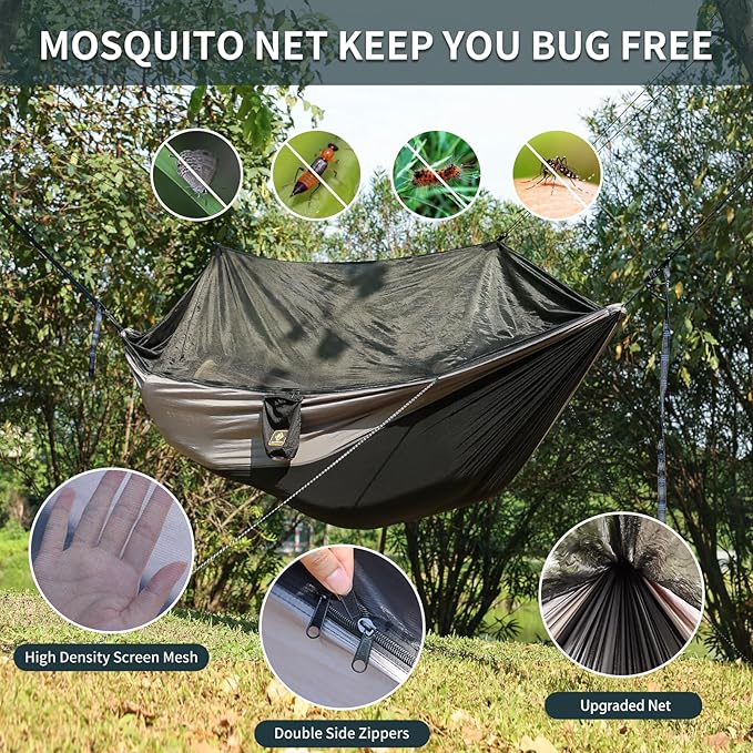 Camping Hammock with Net,Travel Portable Lightweight Hammocks with Tree Straps and Solid D-Shape