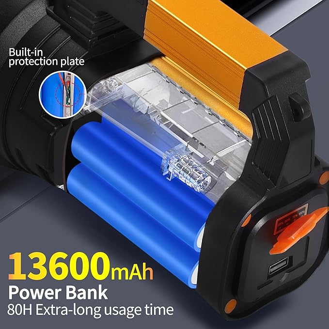 Rechargeable 2000LM Spotlight Flashlight 13600mAh LED Spotlight IP67 Waterproof Handheld Flashlight