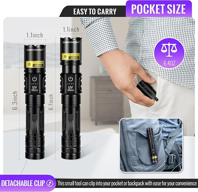 DARKBEAM UV Flashlight Blacklight 395nm Black Light, High Lumens LED Flashlights USB Rechargeable