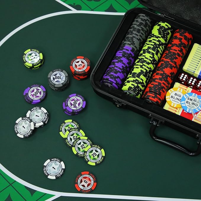 ORIENGEAR Poker Chip Set with Denominations, 300 PCS 14 Gram Clay Composite Casino Chips with ABS