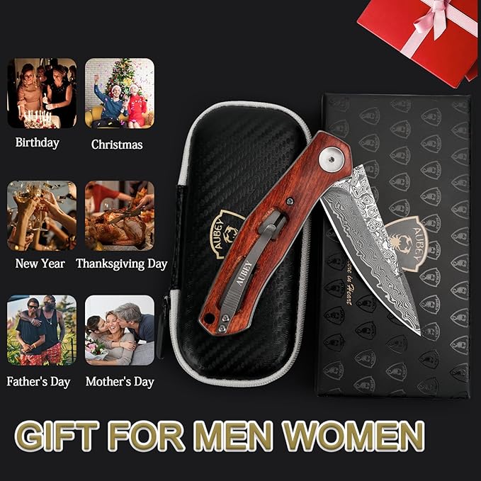AUBEY Damascus Folding Pocket Knife Handmade with Clip for Men, Damascus Hunting Knife EDC Knife