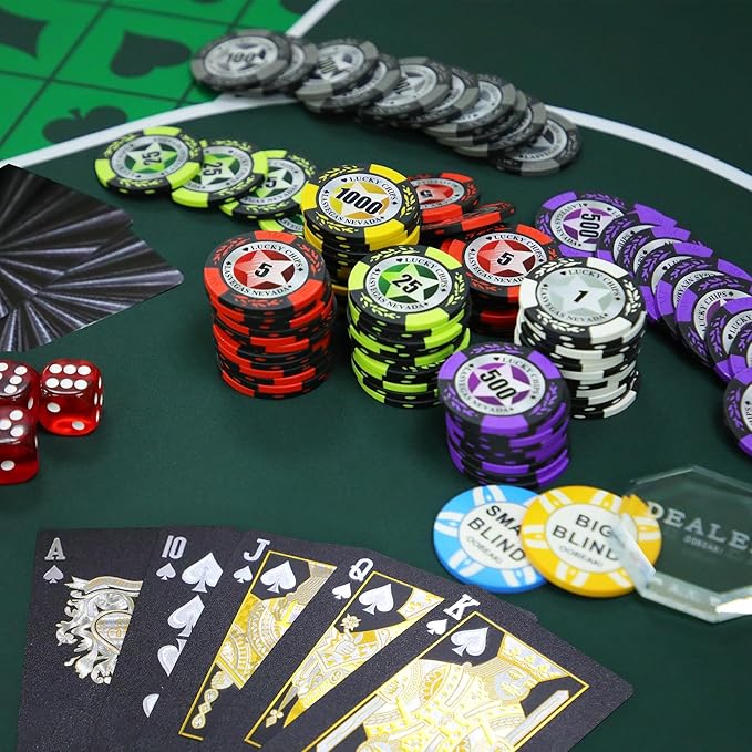 ORIENGEAR Poker Chip Set with Denominations, 500 PCS 14 Gram Clay Composite Casino Chips with ABS
