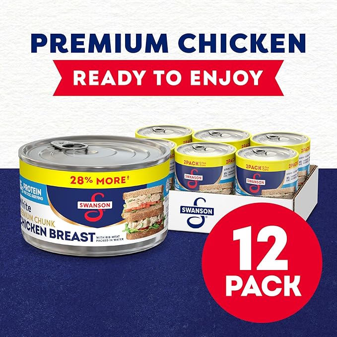 Swanson White Premium Chunk Chicken Breast with Rib Meat in Water, 12.5 oz. (Pack of 12)