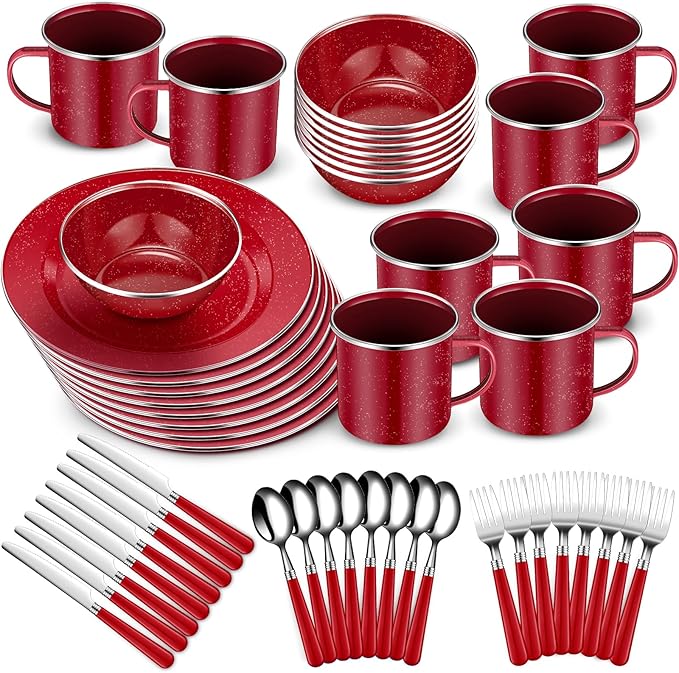 Nuogo 48 Pcs Enamel Camping Tableware Includes 12 oz Coffee Mugs 10.5 Inch Camping Plates 6 Inch