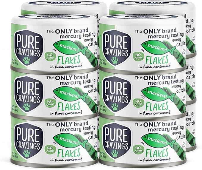 Pure Cravings Mackerel Flakes in Tuna Consommé, Canned Wet Cat Food Soup, 100% Mercury-Tested