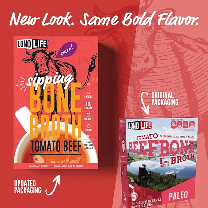 LonoLife Tomato Beef Bone Broth Powder Mix | Grass-Fed, 10g Protein | Collagen-Rich, Keto & Paleo