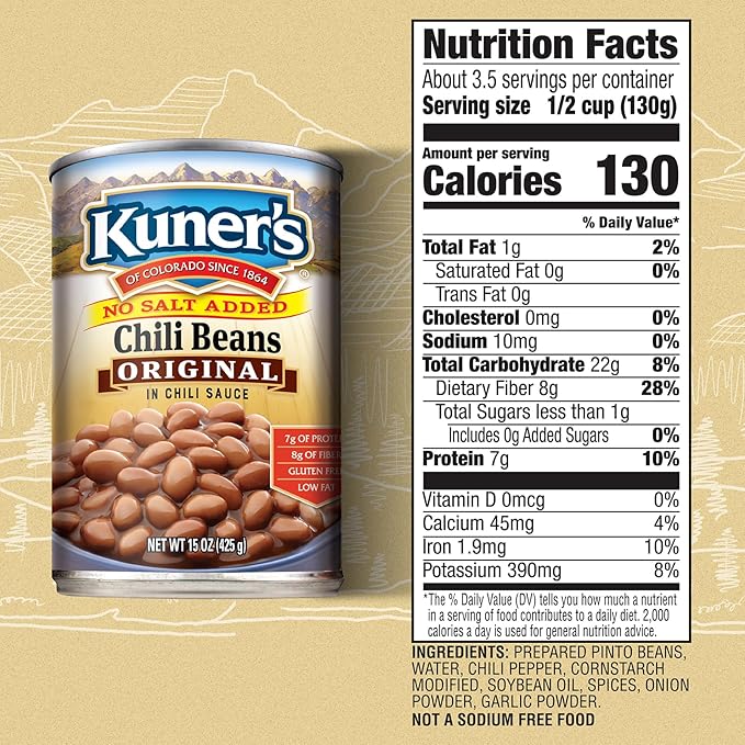 Kuner's No Salt Added Canned Chili Beans, Plant Protein and Fiber, Gluten Free, Vegan, Fat Free, 12