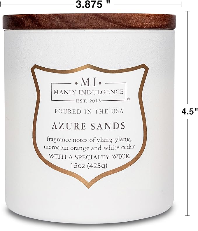 Manly Indulgence Azure Sands Scented Candles for Men, 15 oz Wooden Wick, Premium Soy Blend Wax, 60H