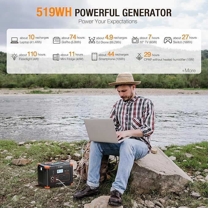 Portable Power Station 500W(Peak 1000W), 519Wh Outdoor Solar Generator Backup Battery Pack with 2