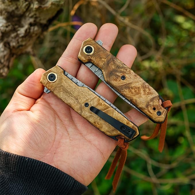 VNLA Damascus Folding Pocket Knife,Handmade knife,Forged Damascus Steel Blade,handle made of maple