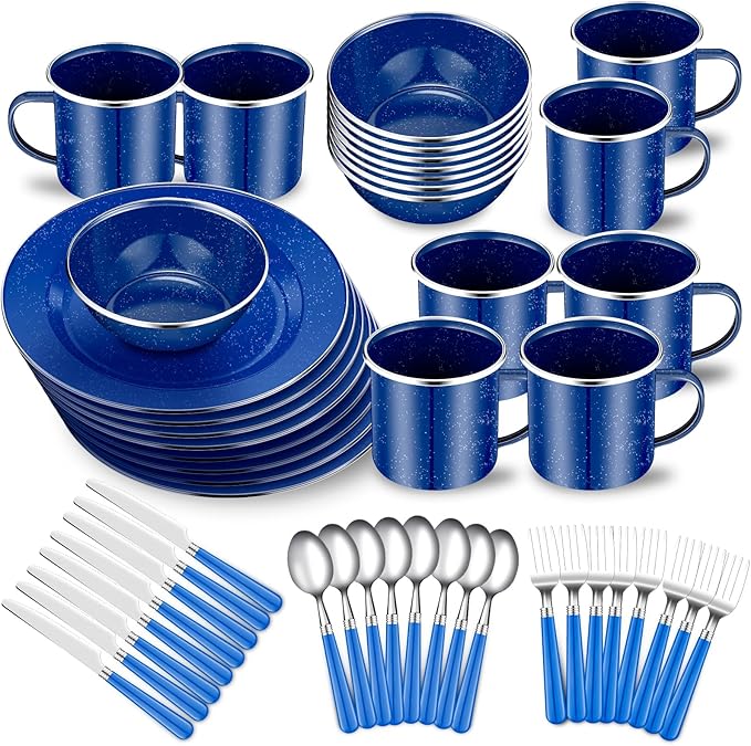 Nuogo 48 Pcs Enamel Camping Tableware Includes 12 oz Coffee Mugs 10.5 Inch Camping Plates 6 Inch