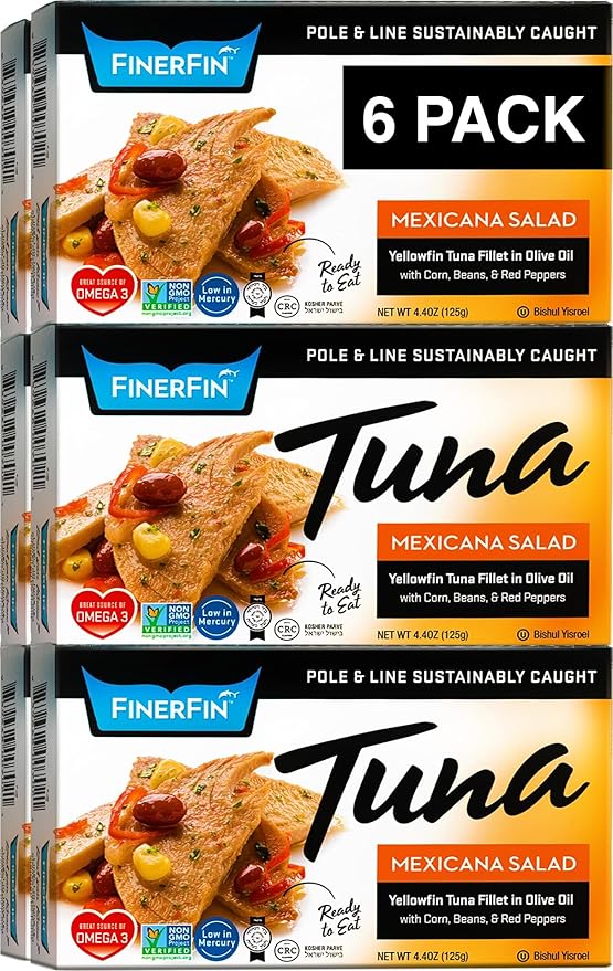 FinerFin Yellowfin Tuna In Organic Olive Oil ??Mexicana Salad Flavor (4.4oz can - 6 Pack); Premium