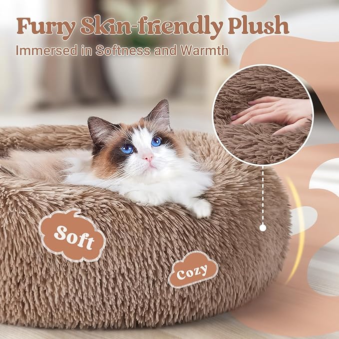 rabbitgoo Cat Beds for Indoor, 20 inches Machine Washable, Fluffy Round Pet Bed Non-Slip, Calming