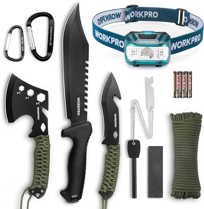 WORKPRO Camping Hatchet & Machete with Sheath, Camping Axe and Fixed Blade Hunting Knives with