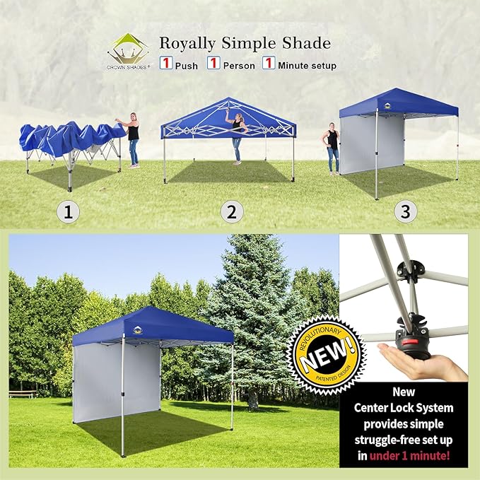 CROWN SHADES 8x8 Pop Up Canopy with 1 Side Wall - Beach Tent with One Push Setup - Outdoor Sun