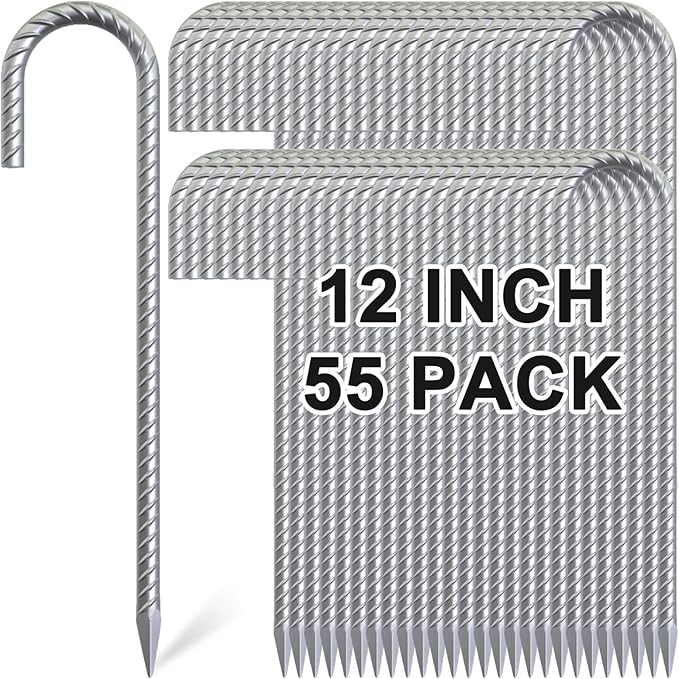Rebar Stakes 12 Inch, 55 Pack Galvanized Metal Tent Stakes Heavy Duty Ground Stakes, J Hook Steel