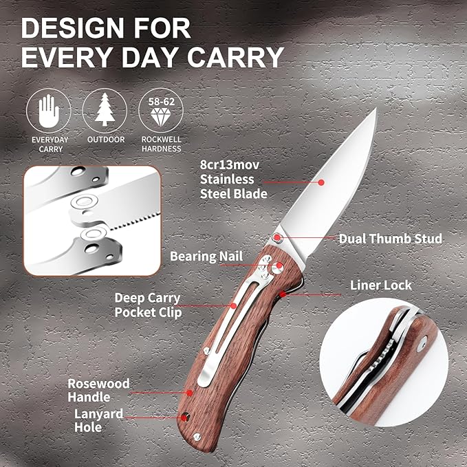 Vickay Pocket Knife for Men, Folding Knife with Clip, 3.74" 8Cr13MoV Steel Blade, Wood Handle EDC