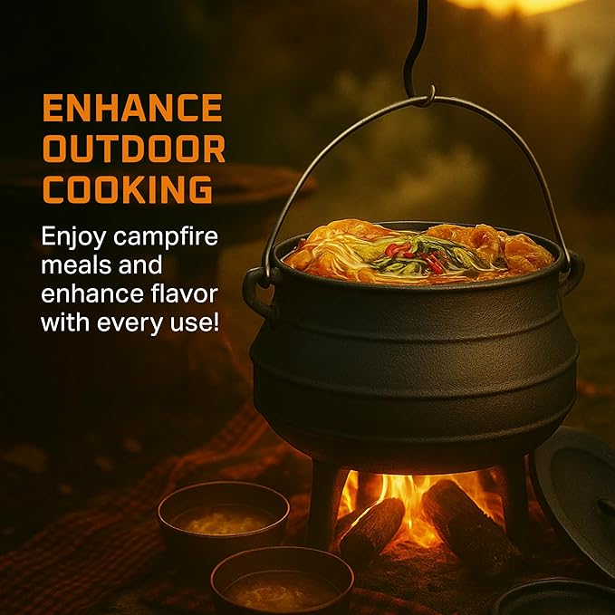 Bruntmor 8-Quart Pre-Seasoned Cast Iron Cauldron - African Potjie Pot with Lid - 3-Legged Pot for