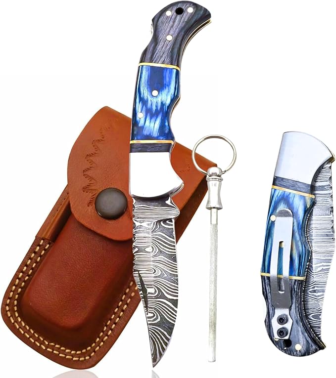 Handmade Damascus Pocket Knife for Men - 6.5 Inches Damascus Folding Pocket Knife with Clip Belt