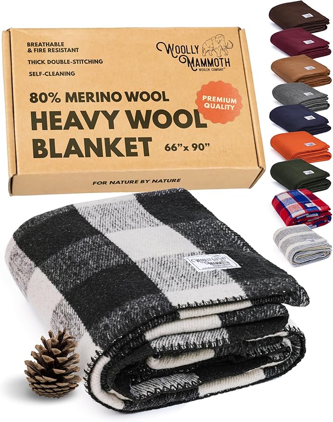 Woolly Mammoth Woolen Company Camping Blankets - 66 x 90 in, Black & Cream Plaid - Merino Wool