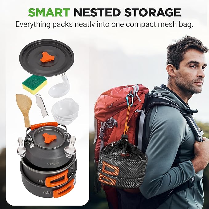 NutriChef Camping Cookware Set - Lightweight Nonstick Pots, Pans, Utensils, Bowls, Cutlery, and