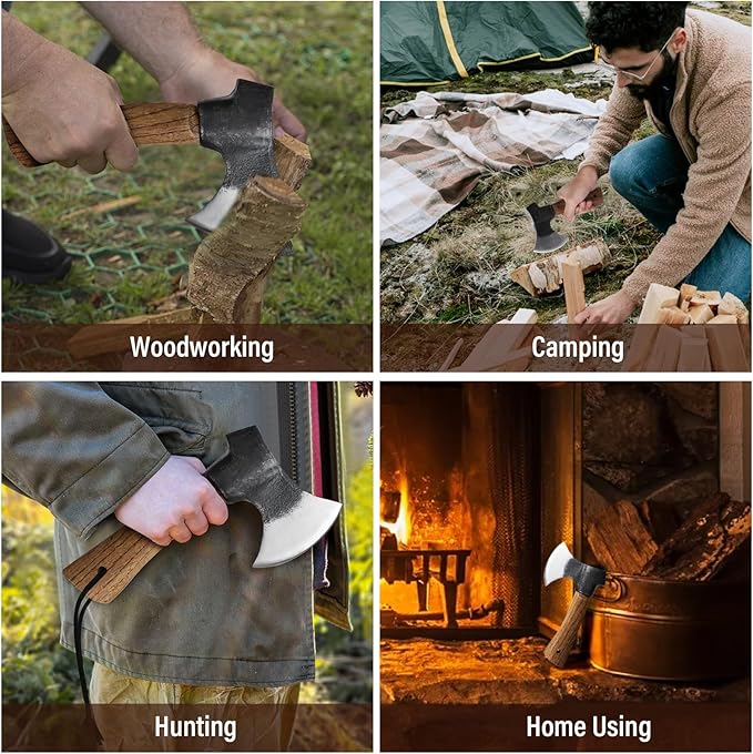 Small Camping Axe with Leather Sheath, 8.46" Backpacking Hatchet with Wooden Handle, Splitting Axe