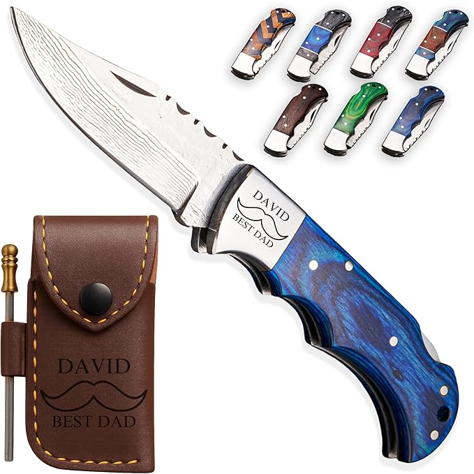 Personalized Folding Knife - Damascus Blue Pocket Knife, Engraved Gift for Dad, Son, Husband
