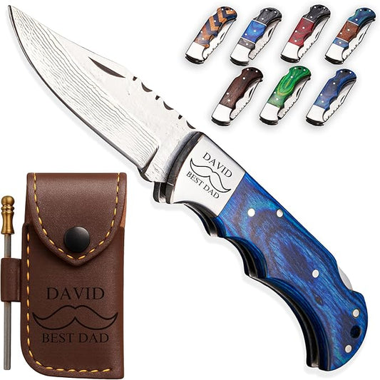 Personalized Folding Knife - Damascus Blue Pocket Knife, Engraved Gift for Dad, Son, Husband