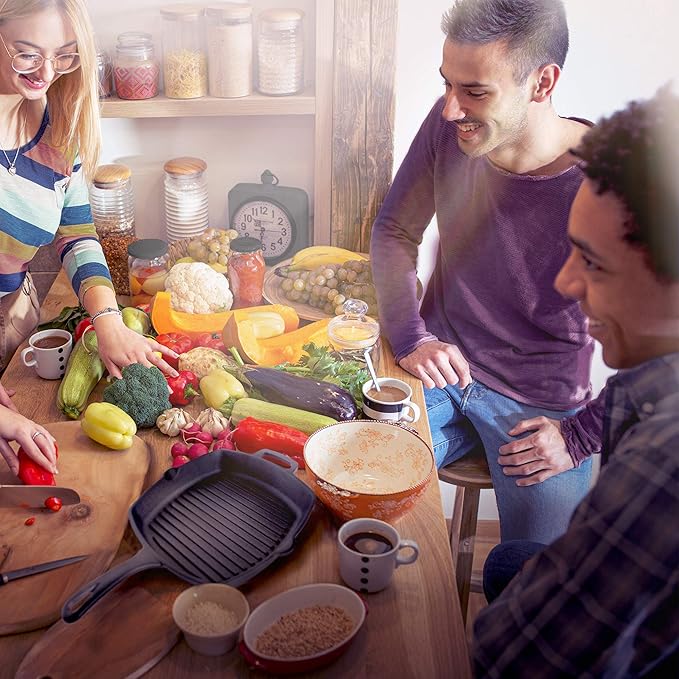Cuisinel Cast Iron Square Grill Pan + Glass Lid + Pan Scraper + Handle Cover - 10.5" Pre-Seasoned