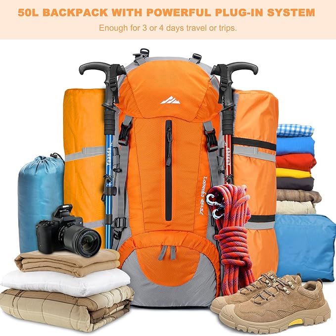 Loowoko 50L Hiking Backpack, Waterproof Camping Essentials Bag with Rain Cover, 45+5 Liter