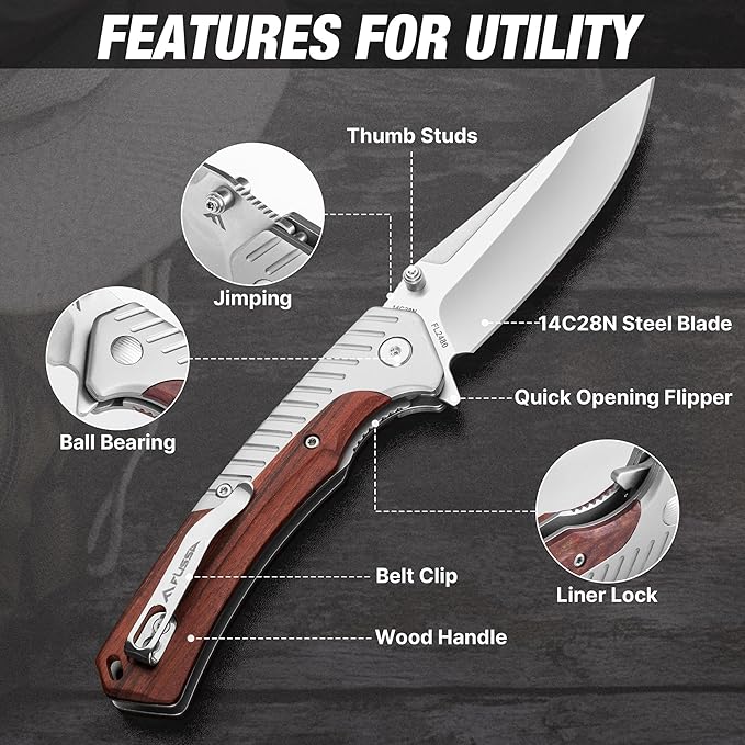 FLISSA Pocket Knife with 3.35" 14C28N Steel Blade, Liner Lock Folding Knife with Wood Handle for