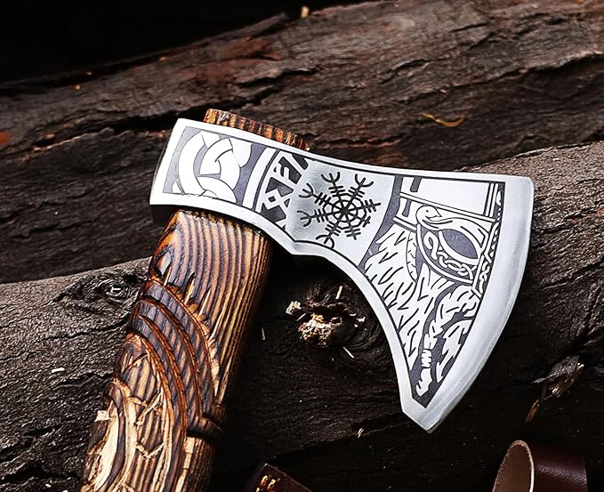 Wazir Crafts Viking Axe |Carbon Steel Engraved Blade with 18″ Wooden Handle & Leather Sheath |