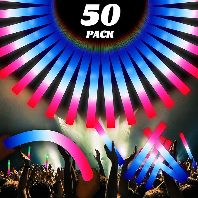 50Packs 3 Colors Foam Glow Sticks Red White Blue, Patriotic Events Parades, Party Decorations