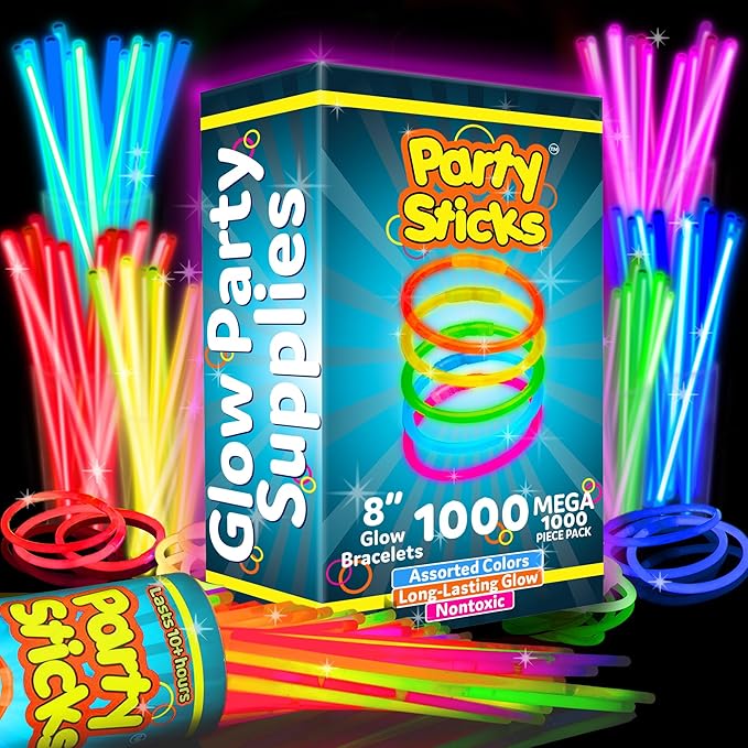 PartySticks Glow Sticks Party Supplies 1000 pack - 8 Inch Glow in The Dark Light Up Sticks Party
