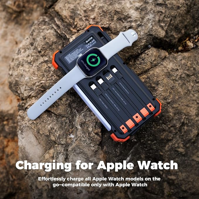 BLAVOR Solar Power Bank 20000mAh/74000mWh Built-in Cables, Wireless Charger for Apple Watch, 20W