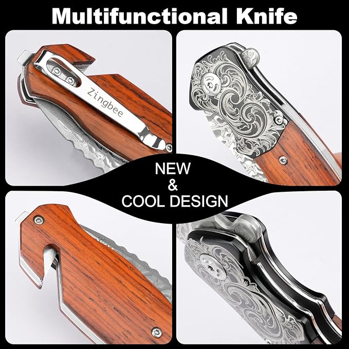 Pocket Knife with Glass Breaker, EDC Damascus Folding Knife with Seatbelt Cutter, 3.35" VG10