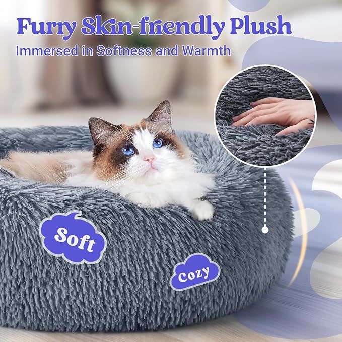 rabbitgoo Cat Beds for Indoor Cats, 20 inches Cat Bed Machine Washable, Fluffy Round Pet Bed