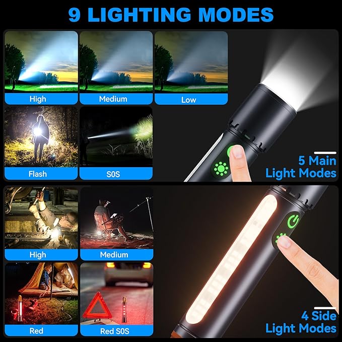 Magnetic Flashlight Rechargeable,2000LM 5000mAh Flashlights High Lumens with 9 Modes,Waterproof