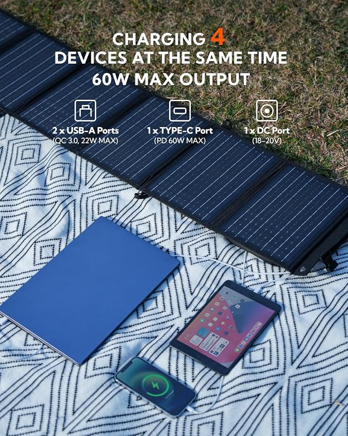 Portable Solar Panel, LUMOPAL 60W Foldable Solar Panels Folding Solar Charger with PD60W USB C