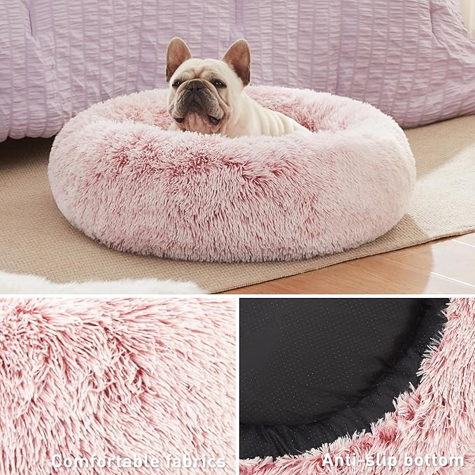 Love's cabin Calming Cat Bed for Indoor Cats, Anti-Anxiety Donut Round Dog Bed, Fluffy Faux Fur