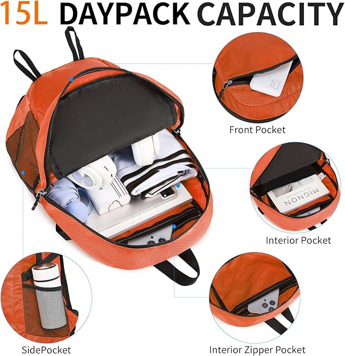 Small Hiking Daypack,15L Water-Resistant Hiking Backpack Packable Lightweight Travel Day Pack for