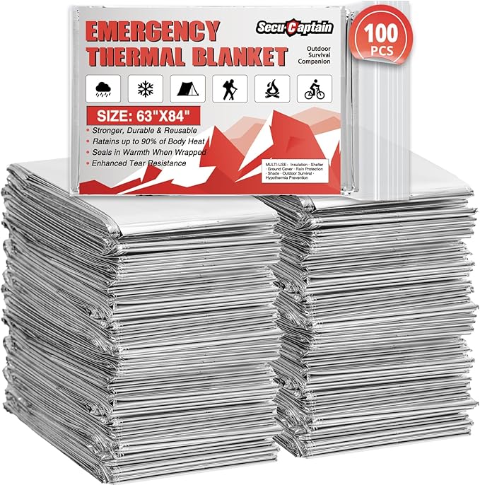 SecuCaptain Survival Emergency Thermal Blankets: 100 Pack Extra Large 84??x63??Space Mylar Blanket
