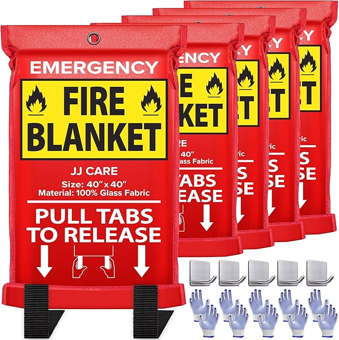 JJ CARE Fire Blanket ??5 Packs with Hooks and Gloves ??Emergency Fire Blanket for Home & Kitchen