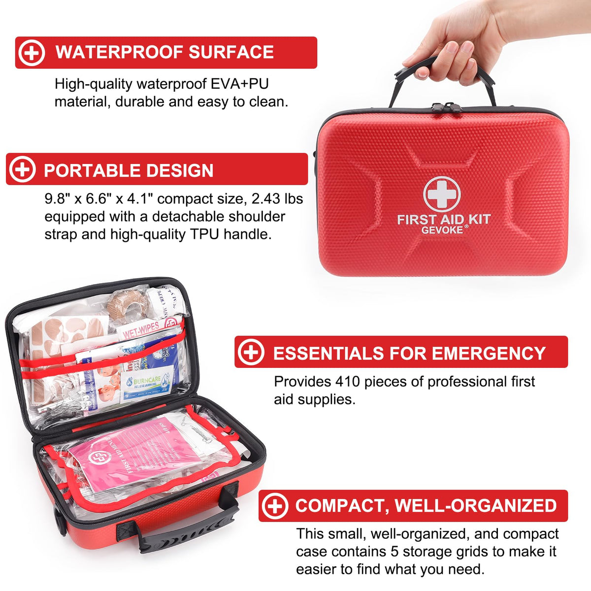 Gevoke First Aid Kit - 410 Piece, Waterproof, Red - product view 3
